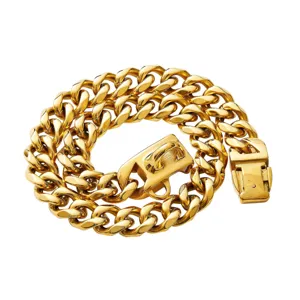 Stainless Steel Cuban Link Pet Dog Collar With Bone Tag Heavy Duty Metal Choke Chain Collar For Medium Large Dogs