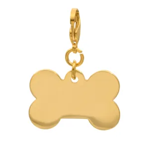 Gold tone stainless steel bone shaped pet ID tag pendant with lobster clasp and jump ring.