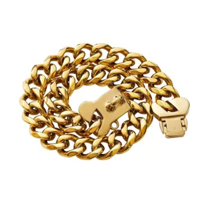 Gold stainless steel 15mm cuban link pet dog collar with secure bone buckle detail.