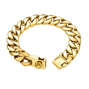 Heavy duty 32mm stainless steel cuban link dog chain collar with secure metal buckle clasp.