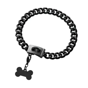 13mm black stainless steel pet dog collar with bone pendant and secure buckle detail.