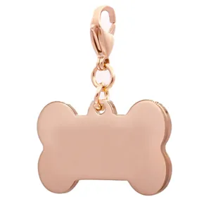 Rose gold stainless steel bone pet ID tag pendant with secure lobster clasp for dogs and cats.
