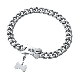Detail shot of 15mm stainless steel cuban link dog collar with bone buckle and charm.