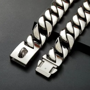 Close-up detail view of heavy duty 32mm stainless steel metal pet dog collar links.