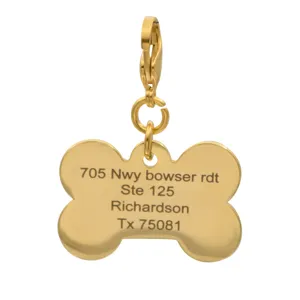 Gold stainless steel bone shaped pet ID tag pendant with custom engraved address details.
