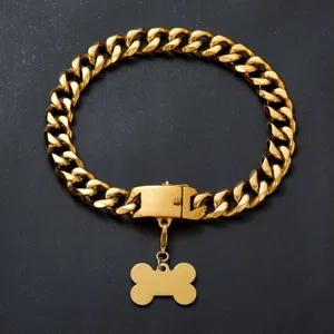 19mm gold stainless steel pet dog chain collar with secure clasp and cute bone pendant.