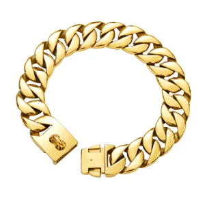 Heavy duty 32mm golden stainless steel Cuban link dog collar pet chain with secure buckle.