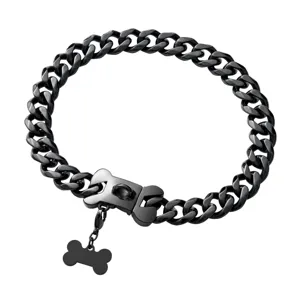 15mm black metal dog collar stainless steel heavy duty cuban chain with bone buckle