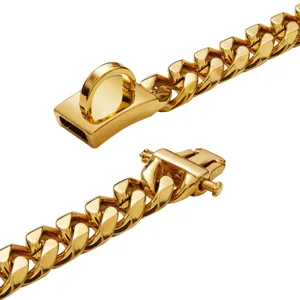 Collare per cani in acciaio inossidabile dorato 15mm catena cubana per animali con fibbia sicura