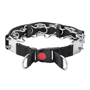 Hundehalsband aus Edelstahldraht mit schwarzem Nylonriemen und Schnellverschluss fürs Training.