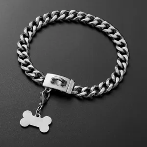 Stainless steel 13mm heavy duty dog chain collar detail shot with cute bone pendant.