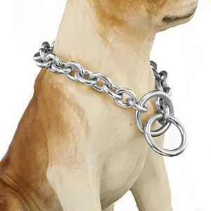 Edelstahl Hundehalskette Detailansicht, robuste Metall Haustier Trainingskette fuer grosse Hunde.