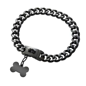 Schwarzes kubanisches Gliederhalsband 19mm Metall Haustierkette mit Knochenmarke Detail