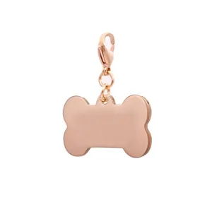 Rose gold stainless steel bone pet tag pendant with secure lobster clasp closeup detail view