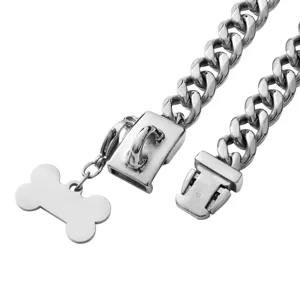 Stainless steel pet dog collar closeup, 13mm cuban link chain detail with bone pendant.