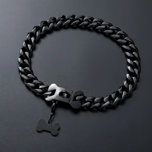 Stainless steel pet dog collar detail, 15mm heavy duty cuban chain with bone buckle.