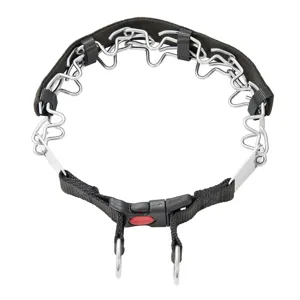 Edelstahl Hundezollhalsband Stachelhalsband mit schwarzem Gurtband und Metallgliedern.