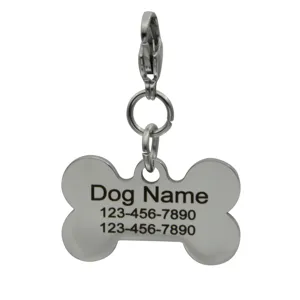 Stainless steel bone-shaped pet ID tag with clasp, durable engraved dog name collar charm.