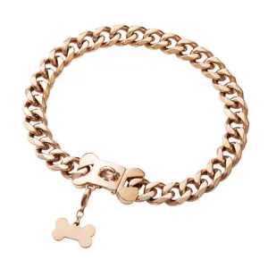 Stainless steel 15mm pet dog collar with cute bone buckle and pendant, durable rose gold metal chain.
