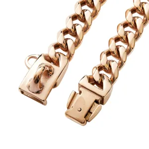 Close-up detail of rose gold stainless steel pet cuban link dog collar buckle and chain.