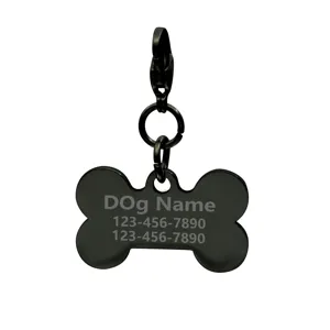 Stainless steel black bone pet ID tag with custom engraved name and phone number details.