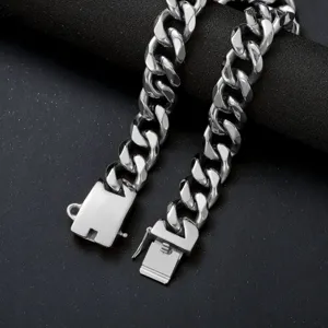 Stainless steel Cuban link dog chain heavy duty metal pet collar with secure safety clasp.
