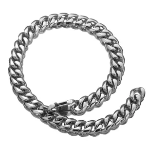 Men's stainless steel cuban link chain necklace hip hop silver metal fashion accessory.