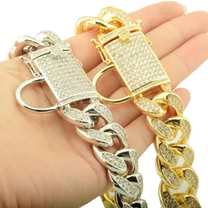 Heavy Duty Full Rhinestone Pet Dog Collar Cuban Link Chain Metal Brass Gold Steel Necklace Pet Accessories