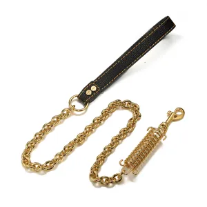 Detailweergave hondenlijn met zwarte leren handgreep, gouden ketting en veerhaak.