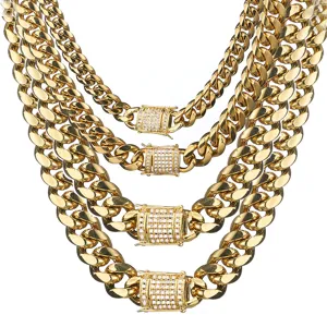 Layered gold cuban link necklace with iced out pavé diamond box clasp, hip hop stainless steel jewelry.