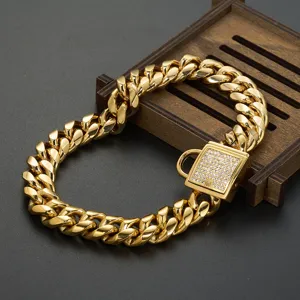 14mm Goldene Kubanische Kette Hunde Halsband Edelstahl Grobe Kette mit Strass Schloss