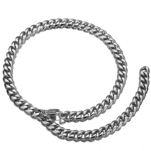 Mens stainless steel cuban link chain necklace, hip hop rock style metal neck jewelry detail.