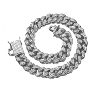 18mm Icy Out Cuban Link Chain Pet Collar Rhinestone Metal Heavy Dog Necklace Jewelry