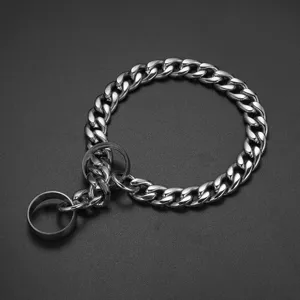 13mm stainless steel pet Cuban link chain detail, durable metal dog training P chain collar.