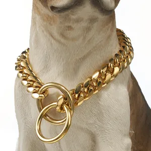 Collare per cani maglia cubana oro acciaio inossidabile catena a strozzo con anelli doppi