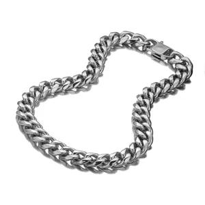 Men stainless steel Cuban link chain necklace rock hip hop heavy thick silver metal choker.