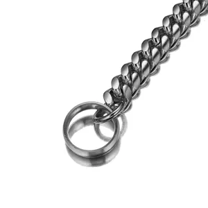 Close-up detail of heavy-duty stainless steel Cuban link dog chain with metal ring.