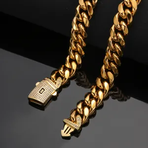 Stainless steel 18K gold Cuban link chain necklace with paved rhinestone lock clasp fashion.