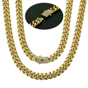 Men's 14K gold plated stainless steel cuban link chain necklace with iced out box clasp.