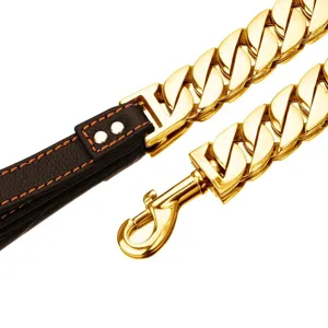 Heavy duty gold chain dog leash with black leather handle and metal clasp close up.