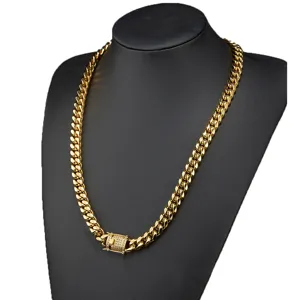 Gold Cuban Link Chain Necklace Hip Hop Iced Out Clasp Stainless Steel Jewelry Gift For Men