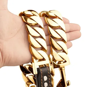 Close-up of 32mm thick gold-plated stainless steel Cuban link dog leash with black leather.