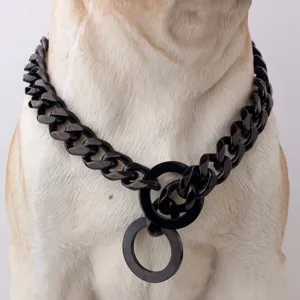 Durable black metal dog chain collar 15mm cuban link heavy duty pet training choker