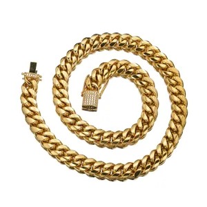 Gold Cuban Link Chain Stainless Steel Miami Curb Necklace with Paved Diamond Clasp