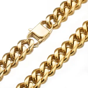 Gold titanium steel Cuban link chain necklace detail, durable fashion jewelry for men