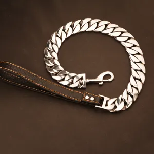 Heavy duty stainless steel dog chain leash with black leather handle, pet supply detail.