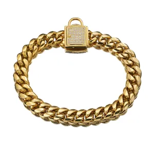 14mm goldener kubanischer ketten hundehalsband edelstahl haustierkette mit strassschloss