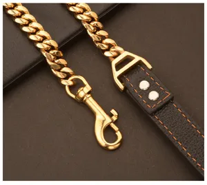 Detailed view of luxury gold cuban chain and black leather pet leash with designer hardware.