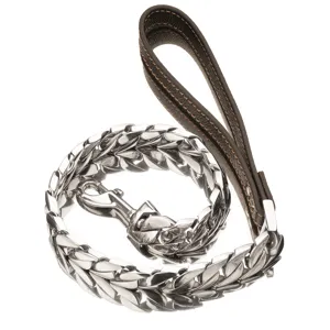 Heavy duty stainless steel dog leash with comfortable leather handle, durable pet chain.