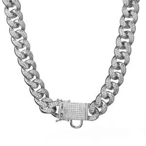 Close-up detail of the iced out cuban link pet collar, sparkling rhinestones and sturdy metal lock.